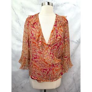 Vintage Wrap Blouse Y2k Ruffled XL Fairy Top Fluttered Sleeve Romantic Paisley